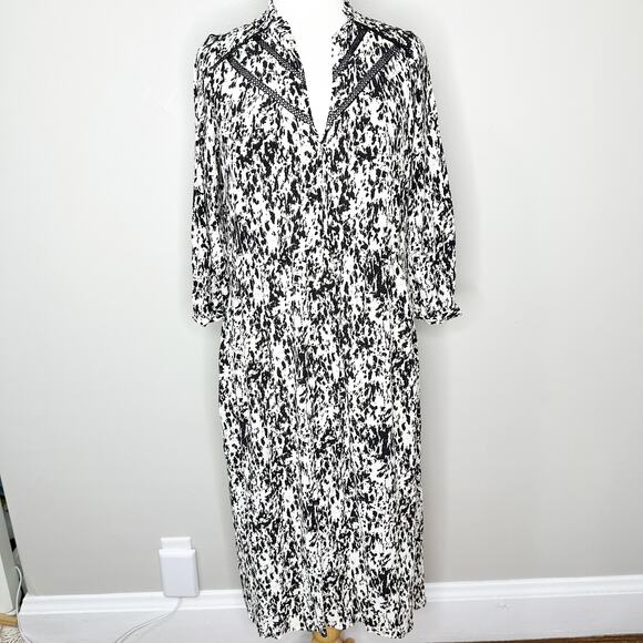 ZARA Womens Dress V-Neck 3/4 Sleeve Midi Length Splatter Pattern Black White S